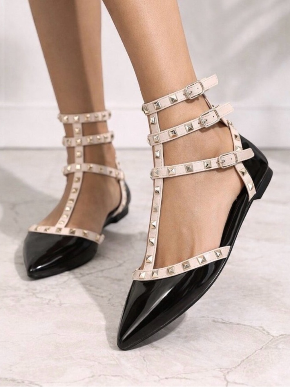 TOP Moda Black Patent Pointed Flats with Nude Studded T-Straps